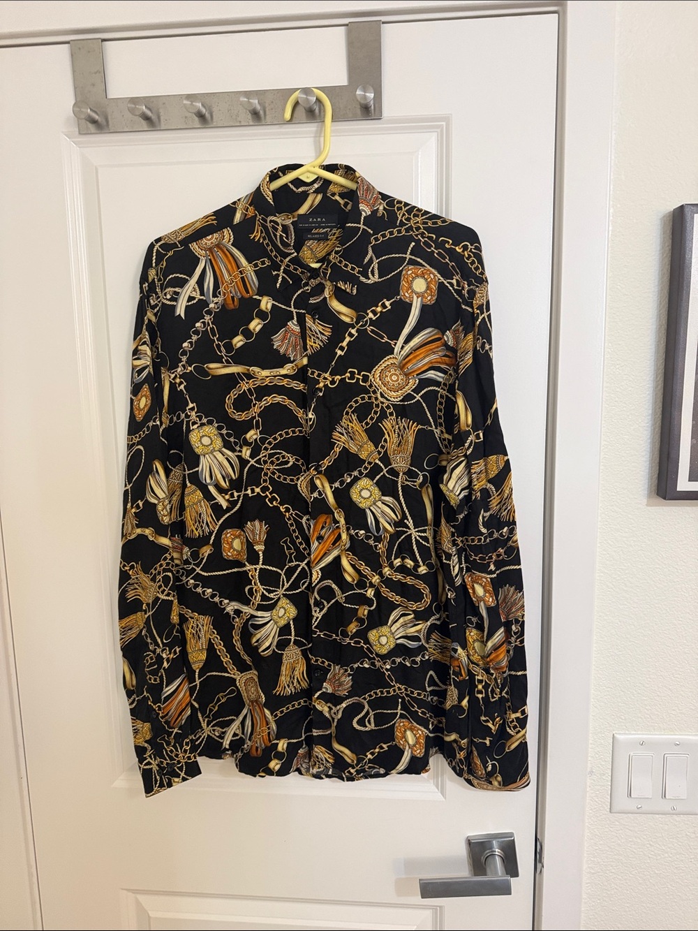 Zara Black Button-Up Shirt with Gold Chain & Tassel Print